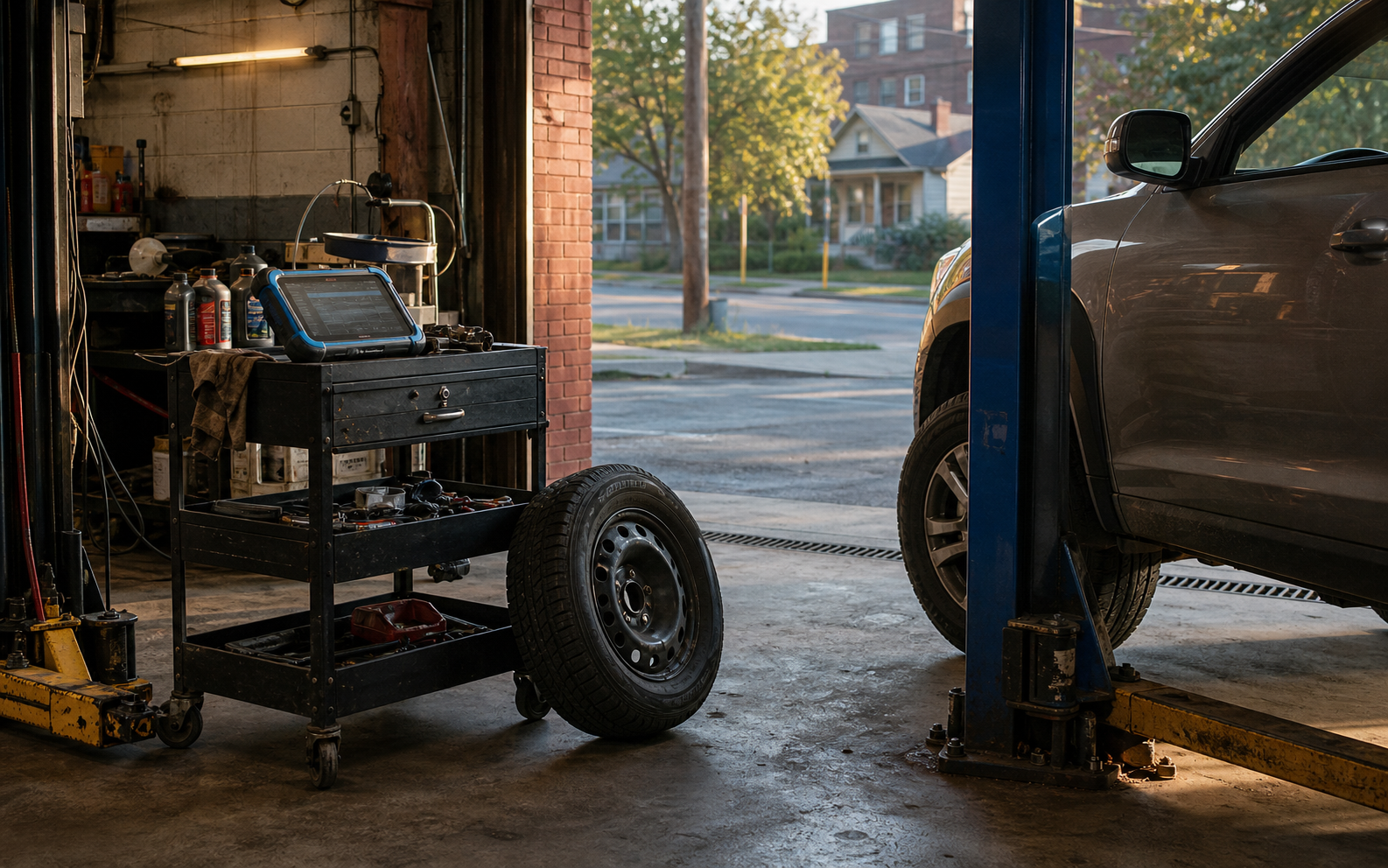Illustrative neighborhood auto repair bay with tools and shop equipment